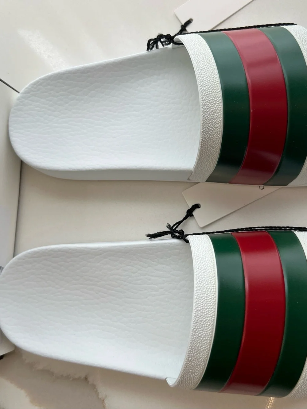 Gucci White Slides with Green & Red Stripes - Luxury Designer Style